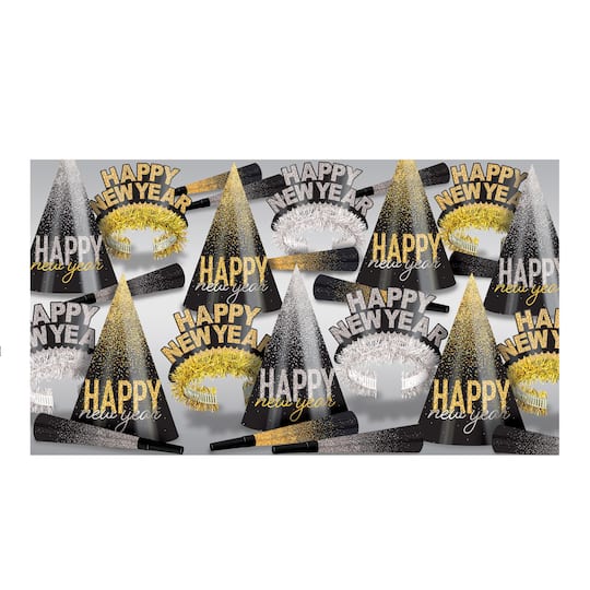 Beistle Black, Gold & Silver New Year Midnight Burst Party Favor Kit for 25